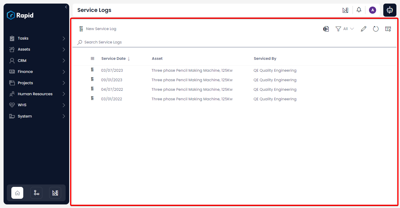 A screenshot that shows the appearance and location of a list page in Explorer. The screenshot is annotated with a red box to highlight its location. There is a sidebar on the lefthand side, and the title of the page reads &quot;Service Logs&quot;. Underneath is a page that contains the Data Table component.